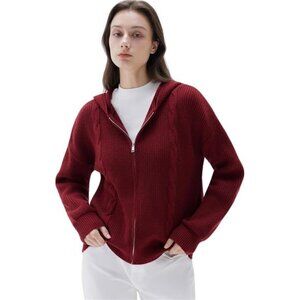 Women Chunky Knit Cashmere Sweaters Zip up Coat red